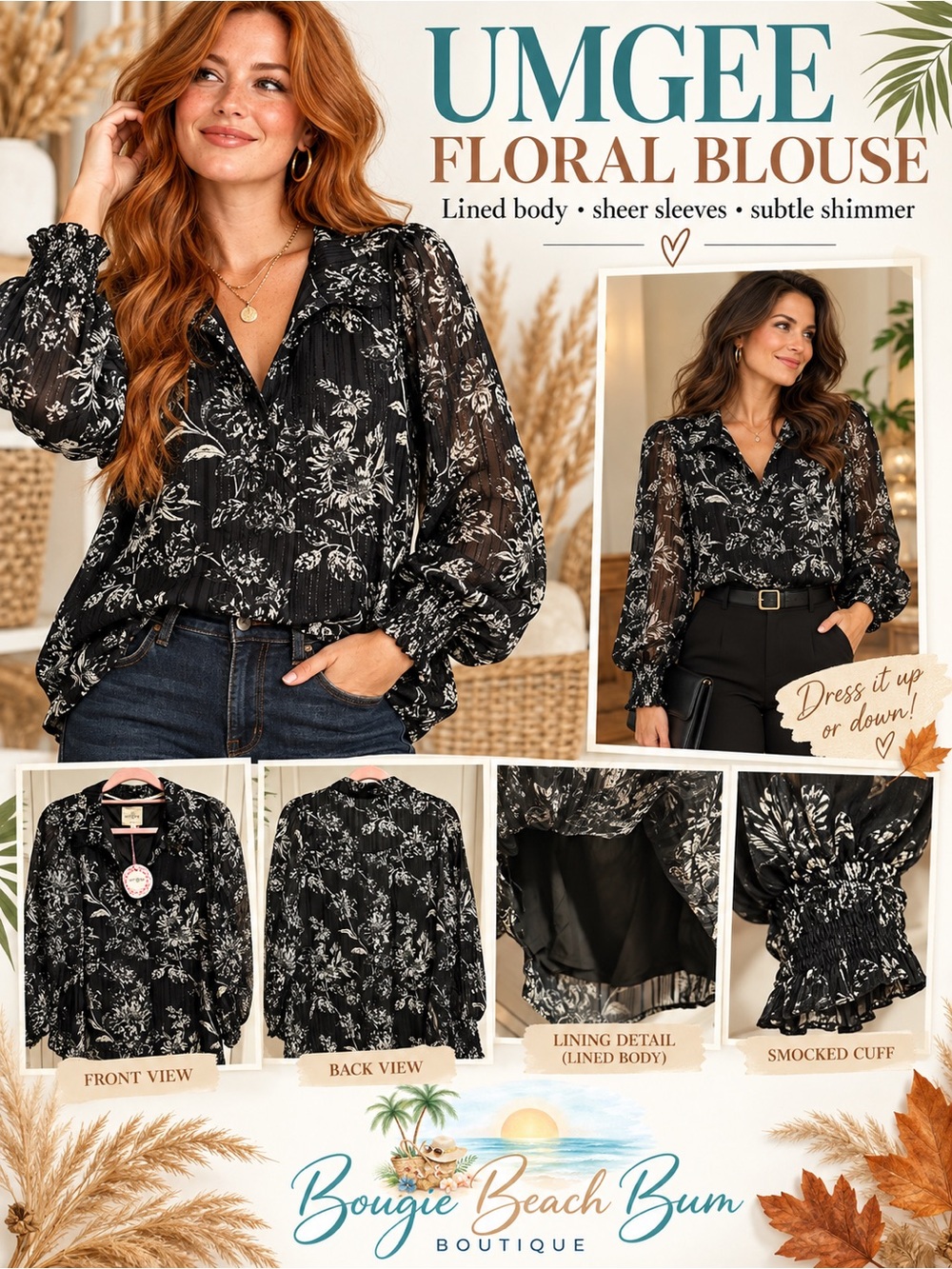 Umgee Black Floral V-Neck Blouse with Sheer Sleeves